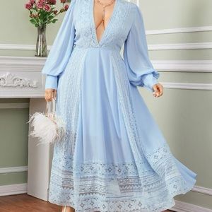Baby Blue Plunging Neckline Lace Dress